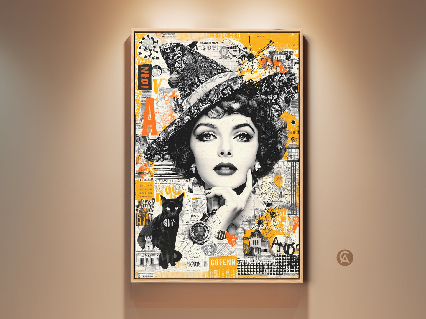 A captivating framed artwork that blends vintage charm with modern collage art. The artwork features a bewitching woman in a witch hat plus a black cat. Shop now to bring this unique piece to your home decor