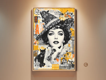 A captivating framed artwork that blends vintage charm with modern collage art. The artwork features a bewitching woman in a witch hat plus a black cat. Shop now to bring this unique piece to your home decor
