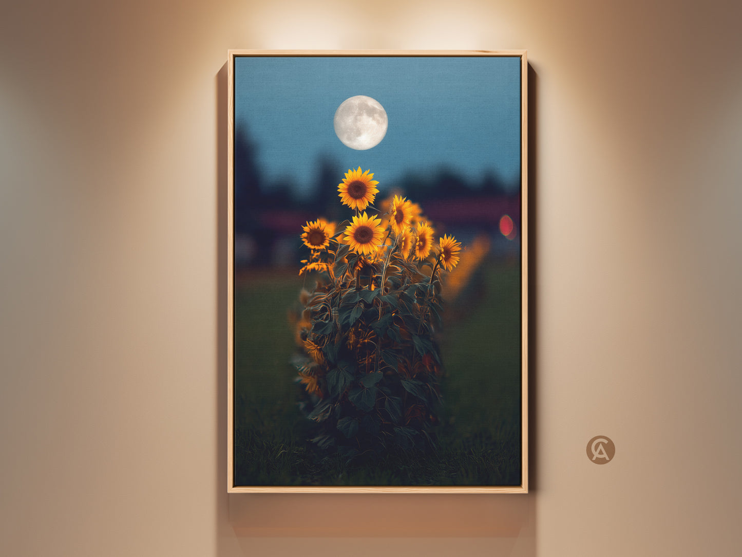 Framed botanical sunflower moon art print on a beige wall. The dreamy artwork features yellow and orange sunflowers under a bright moon. Boho home canvas adds a touch of nature to any room. Perfect gift for Grandma or a unique housewarming present.