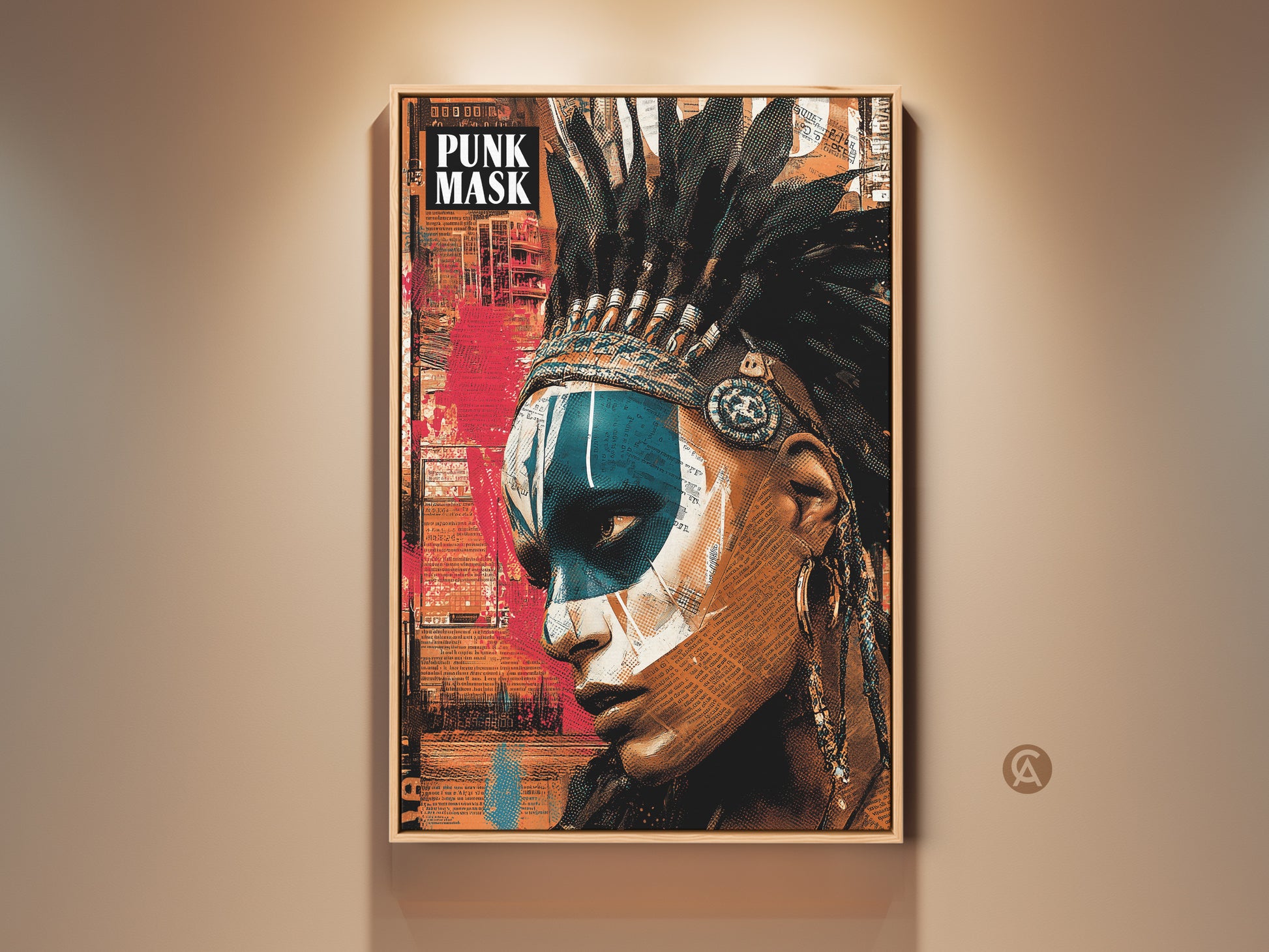 Framed view of a Native American woman art print. The artwork merges a powerful portrait with collage elements and a feather headdress. Teal and Orange colors standout. It adds a bold statement to any room. A unique birthday gift for art lovers. A distinctive addition to eclectic home decor.