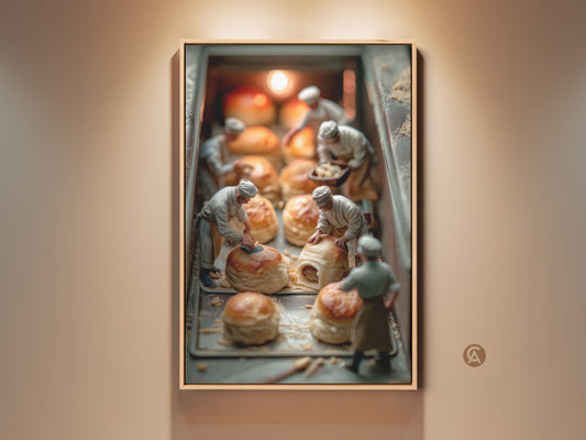 Framed artwork featuring miniature chefs meticulously preparing pastries. Warm lighting highlights the golden-brown baked goods. This art piece adds a touch of culinary charm to your space. Perfect for kitchen or dining room decor. Buy now!