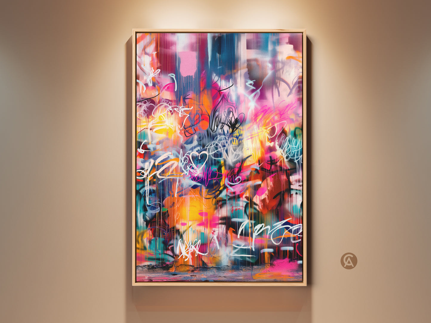 Framed graffiti-style artwork adds a vibrant splash of color. This modern art piece features a lively mix of pink yellow and blue hues. The artwork is displayed in a natural wood frame enhancing its contemporary appeal. A perfect statement piece to elevate your home decor.