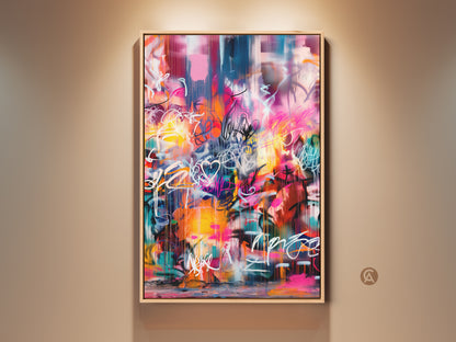 Framed graffiti-style artwork adds a vibrant splash of color. This modern art piece features a lively mix of pink yellow and blue hues. The artwork is displayed in a natural wood frame enhancing its contemporary appeal. A perfect statement piece to elevate your home decor.