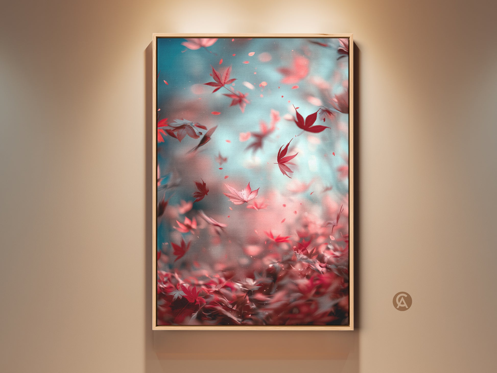 Framed canvas art featuring falling maple leaves. The artwork has a calming aesthetic. The floating frame adds a touch of elegance. Perfect wall decor for nature lovers. Enhance your living space with this beautiful canvas art print.