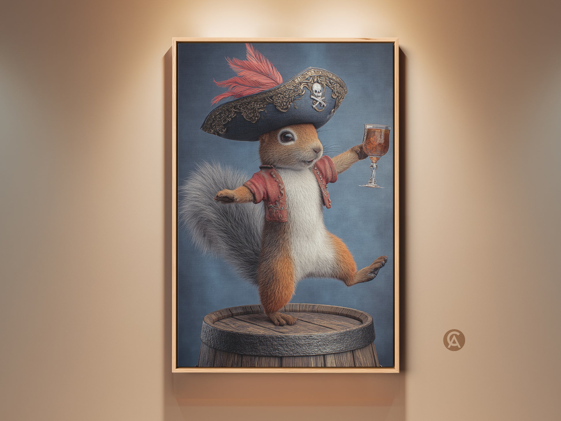 Whimsical pirate squirrel art print displayed in a frame. This fantasy animal wall art features a squirrel wearing a pirate hat and red jacket. It stands on a barrel holding a drink. Add eclectic decor to any room with this unique artwork. A perfect study room gift for fantasy lovers.