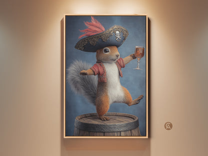 Whimsical pirate squirrel art print displayed in a frame. This fantasy animal wall art features a squirrel wearing a pirate hat and red jacket. It stands on a barrel holding a drink. Add eclectic decor to any room with this unique artwork. A perfect study room gift for fantasy lovers.