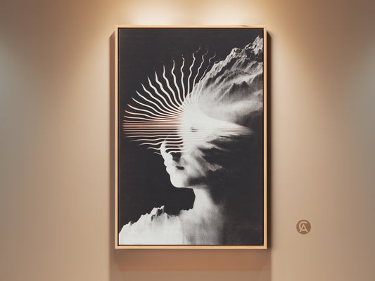Gallery view showcases a black and white surrealist canvas print. The artwork combines a human face and mountain landscape. It's a modern abstract piece suitable for office or home decor. Perfect for art enthusiasts seeking conceptual wall art. This striking print enhances any contemporary space adding sophistication.