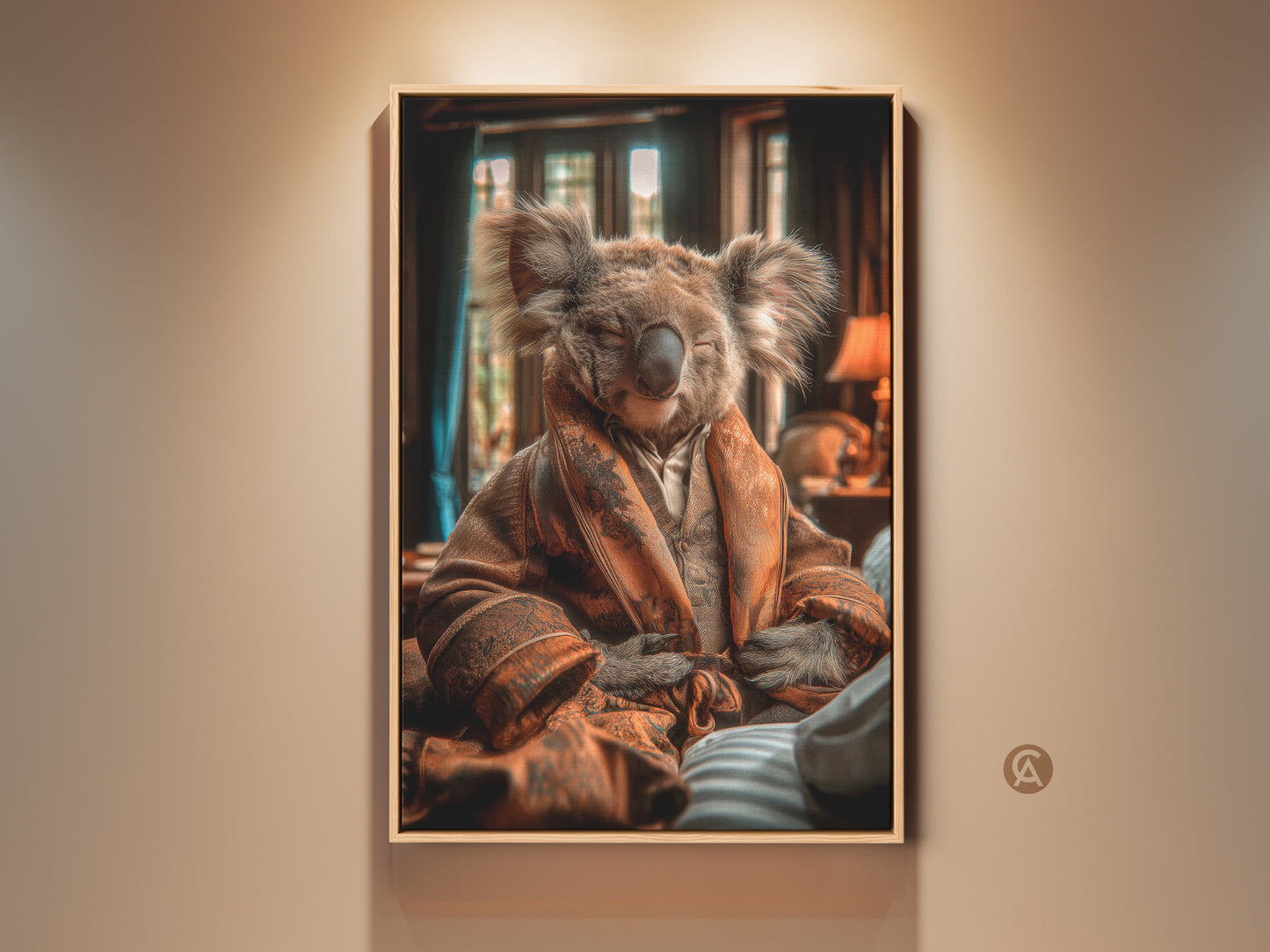 Framed photorealism koala artwork features an animal in a robe. This wall art is perfect eclectic bedroom decor. Brown tan orange art print will bring life to any home. A unique housewarming gift for animal lovers.