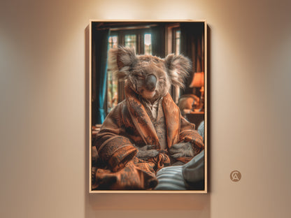 Framed photorealism koala artwork features an animal in a robe. This wall art is perfect eclectic bedroom decor. Brown tan orange art print will bring life to any home. A unique housewarming gift for animal lovers.