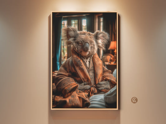 Framed photorealism koala artwork features an animal in a robe. This wall art is perfect eclectic bedroom decor. Brown tan orange art print will bring life to any home. A unique housewarming gift for animal lovers.
