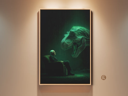 Experience the fusion of past and future with this captivating artwork. An old man sits calmly facing a luminous digital T-Rex head. The green glow and binary code create a surreal atmosphere. Add a thought-provoking piece to your collection with this unique wall art.