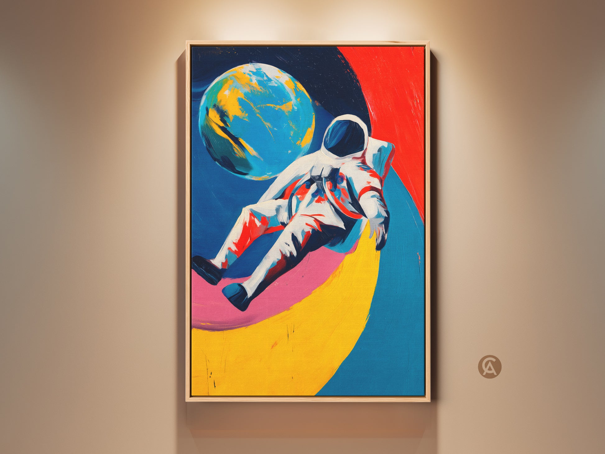 Framed abstract space art print featuring an astronaut and planet. Vivid blue red and yellow modern decor enhances any office wall. Sci-fi gift canvas is ready to hang.