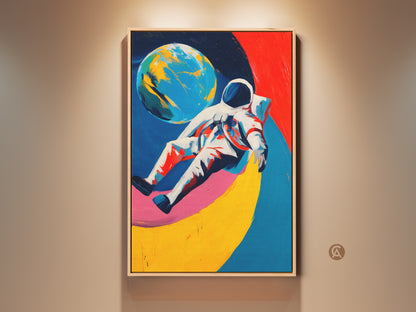 Framed abstract space art print featuring an astronaut and planet. Vivid blue red and yellow modern decor enhances any office wall. Sci-fi gift canvas is ready to hang.