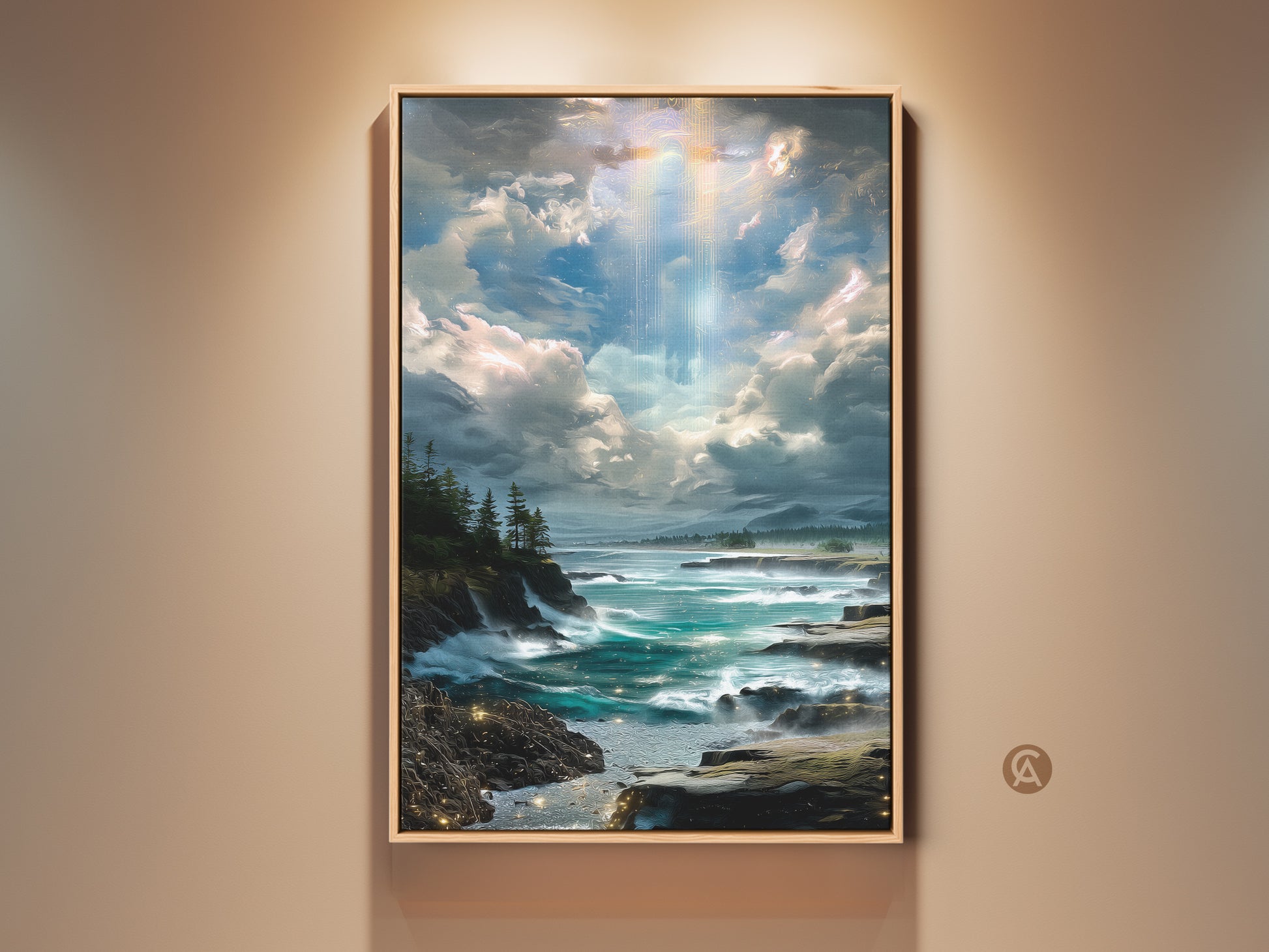 Framed Ocean Landscape art print in a living room setting. This eclectic wall art features a rocky coastline with teal seas under a cloudy sky. A housewarming gift for nature lovers.