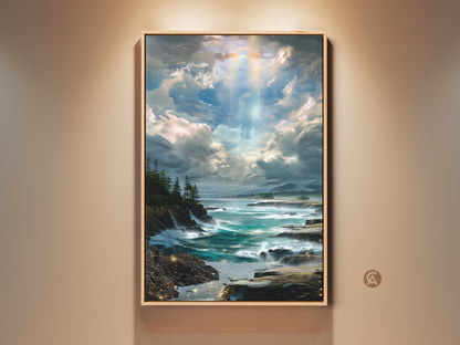 Framed Ocean Landscape art print in a living room setting. This eclectic wall art features a rocky coastline with teal seas under a cloudy sky. A housewarming gift for nature lovers.