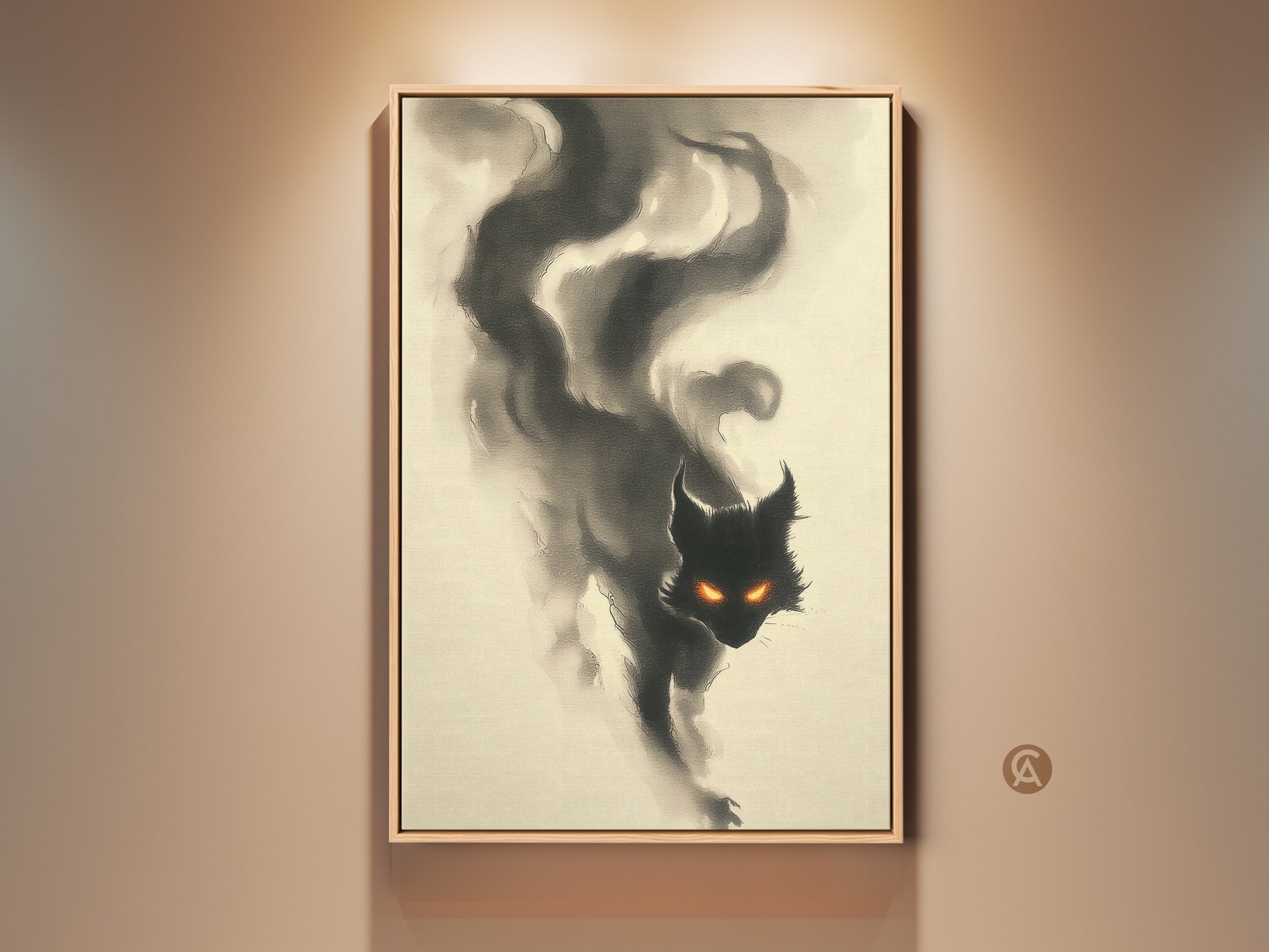 Framed canvas artwork of a black cat with glowing orange eyes. The cat appears to be emerging from smoke. This cat art is a striking piece. It is perfect for adding a touch of mystery to any room.
