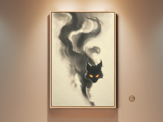 Framed canvas artwork of a black cat with glowing orange eyes. The cat appears to be emerging from smoke. This cat art is a striking piece. It is perfect for adding a touch of mystery to any room.