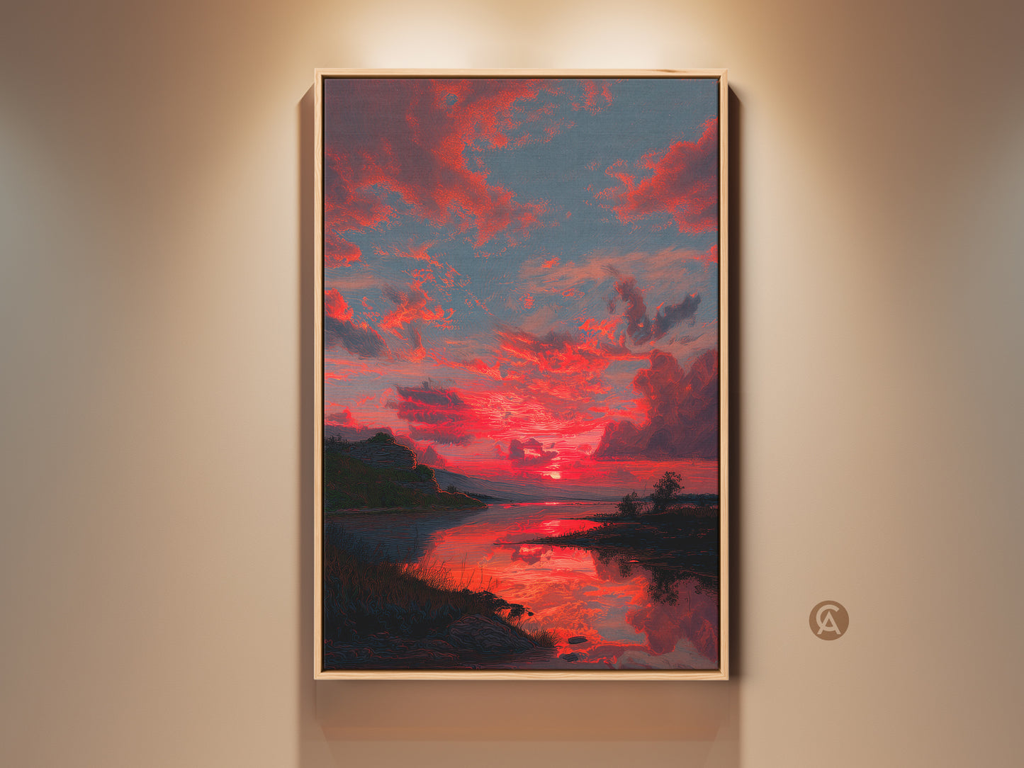 Experience the beauty of a Crimson Sunset Canvas Art. This red sky landscape print captures a dramatic sunset with water reflections. Perfect contemporary nature wall decor for a serene bedroom or modern living room. It's an ideal housewarming gift for nature lovers who appreciate bold color artwork.