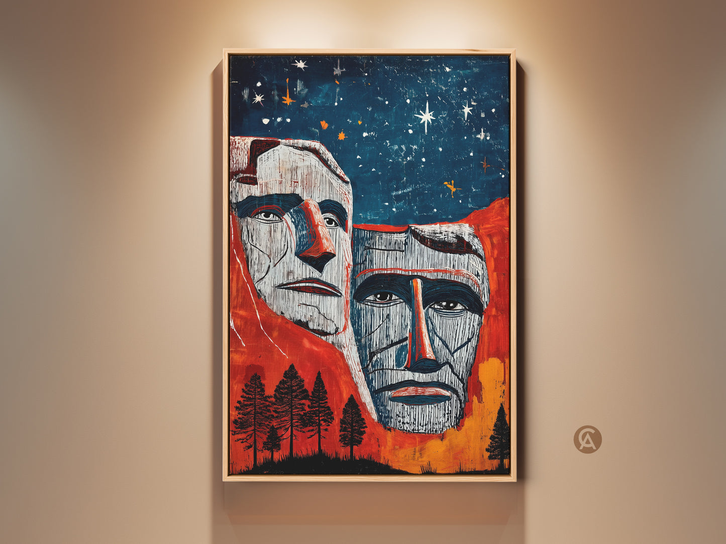 Unique Mount Rushmore art print. This American Presidents canvas features a red blue orange landscape. Eclectic art adds historical flair. Perfect as entry hall artwork or a patriotic home decor statement piece. Starry night landscape art for history lovers. A textured presidential art gift option.