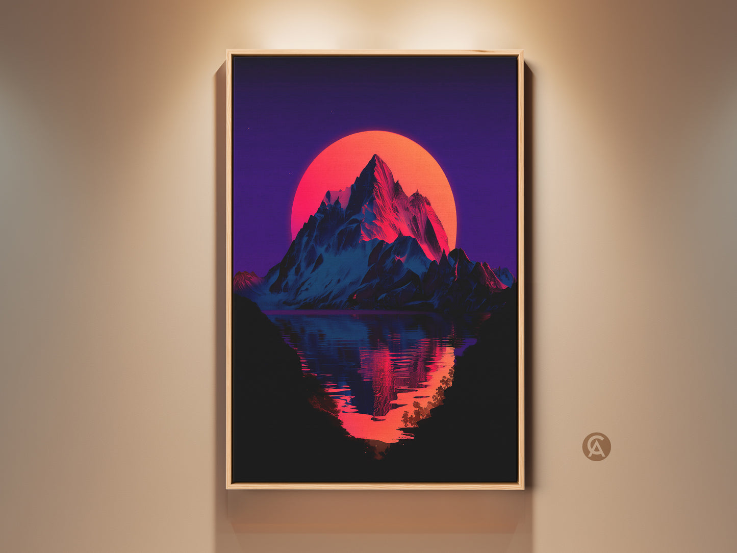Framed retro mountain landscape art print. It features a neon sunset and lake reflection. This synthwave aesthetic art is great for a bedroom or home office. The orange sun creates a nostalgic vibe.