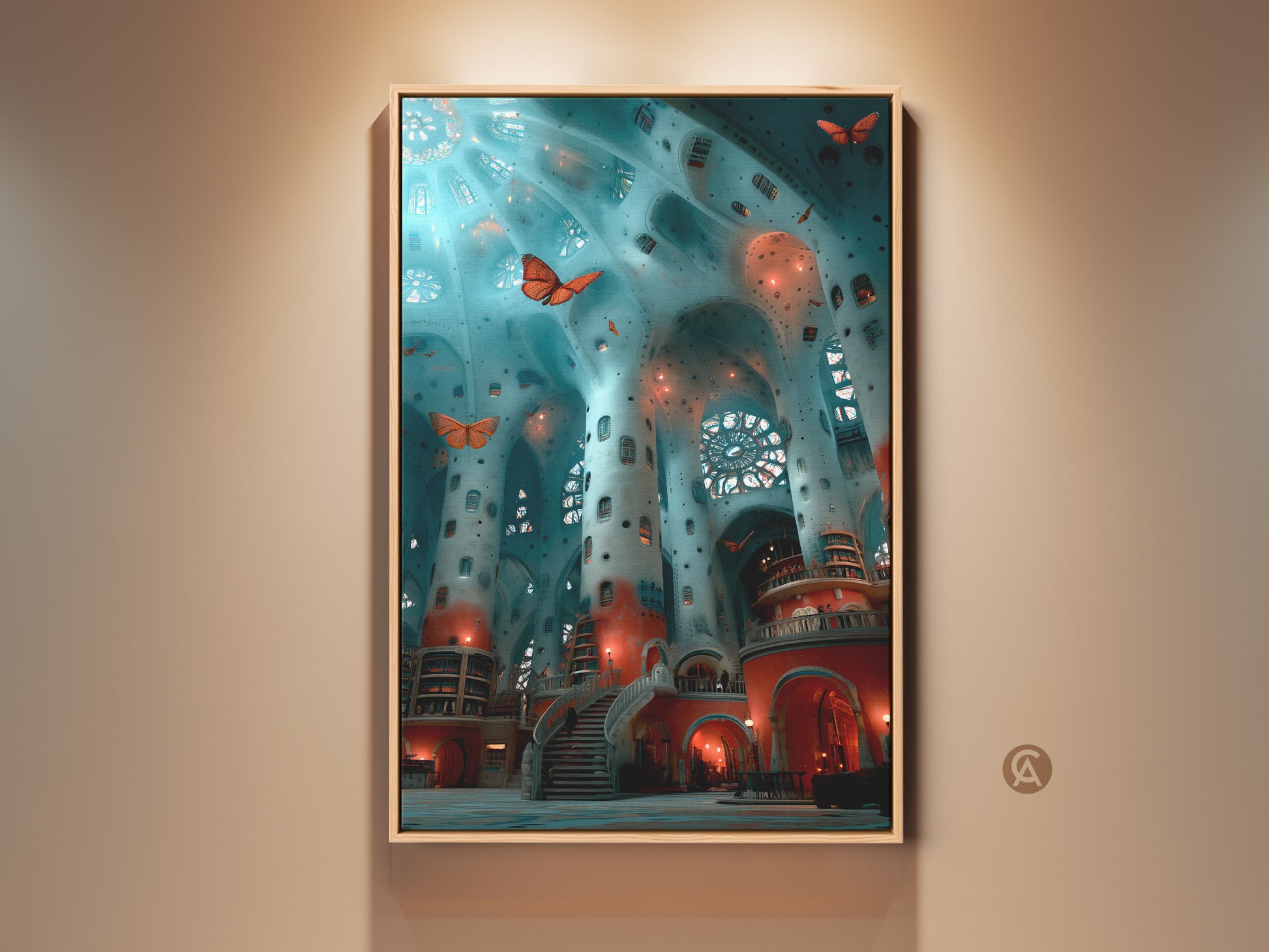 Experience the allure of fantasy interior artwork This surreal architecture canvas art features delicate butterflies. It's a captivating piece of wall decor that blends teal blue and red tones. Perfect as eclectic home office art or a unique housewarming gift for art lovers.
