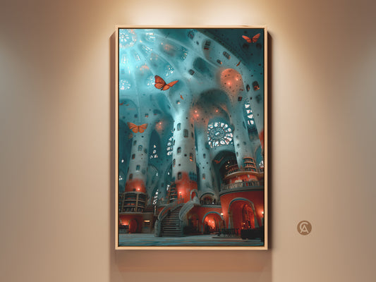 Experience the allure of fantasy interior artwork This surreal architecture canvas art features delicate butterflies. It's a captivating piece of wall decor that blends teal blue and red tones. Perfect as eclectic home office art or a unique housewarming gift for art lovers.