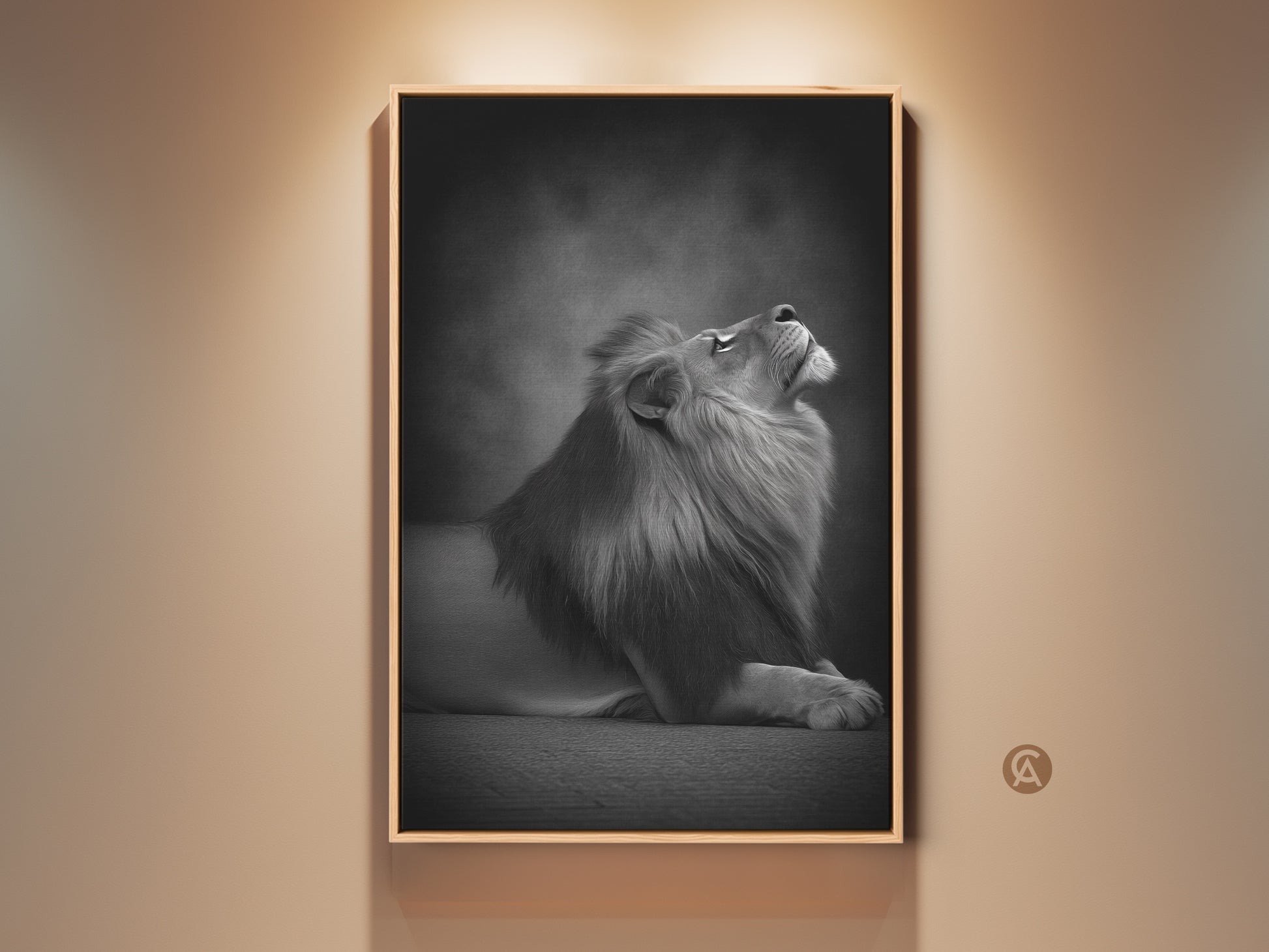 Photorealistic lion canvas art in a contemporary frame. Monochrome animal artwork adds elegance to any room. Black and white wildlife artwork for sophisticated home decor. A perfect gift for animal lovers.