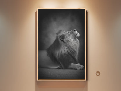 Photorealistic lion canvas art in a contemporary frame. Monochrome animal artwork adds elegance to any room. Black and white wildlife artwork for sophisticated home decor. A perfect gift for animal lovers.