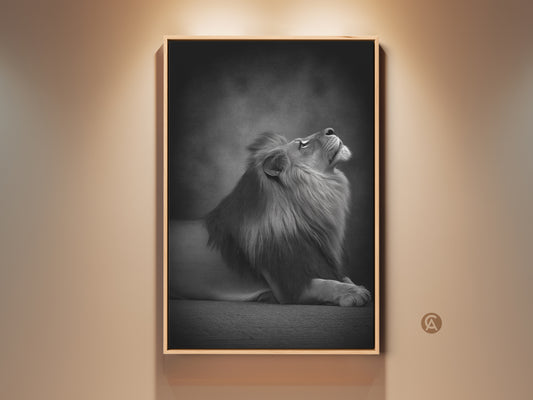 Photorealistic lion canvas art in a contemporary frame. Monochrome animal artwork adds elegance to any room. Black and white wildlife artwork for sophisticated home decor. A perfect gift for animal lovers.