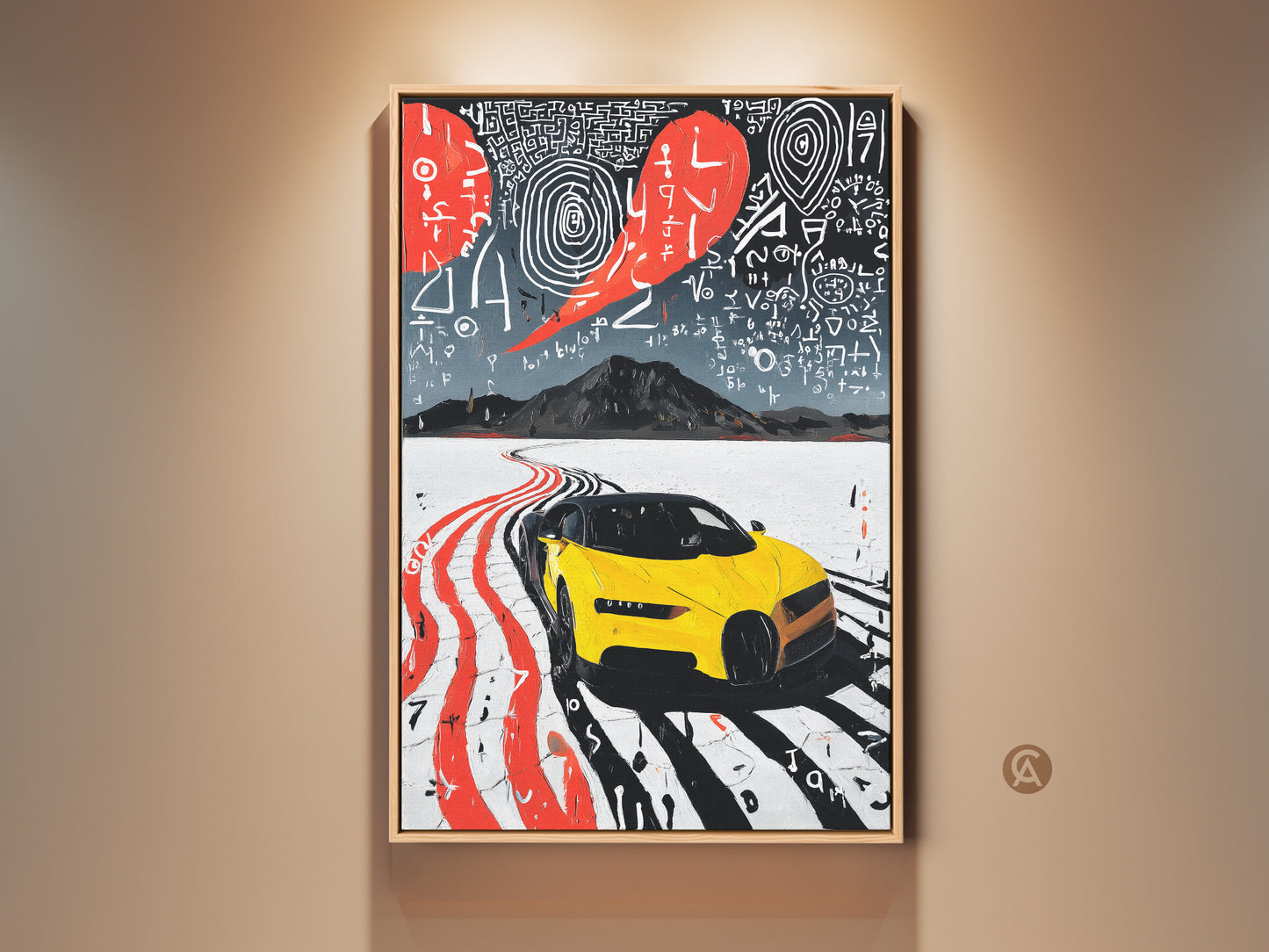 Experience the thrill of this modern yellow sports car art print. Abstract road trip wall decor brings contemporary flair to your office. This unique canvas art is a perfect gift for car enthusiasts. Red and white accents complement the dynamic composition. The art enhances any room with energy and style.