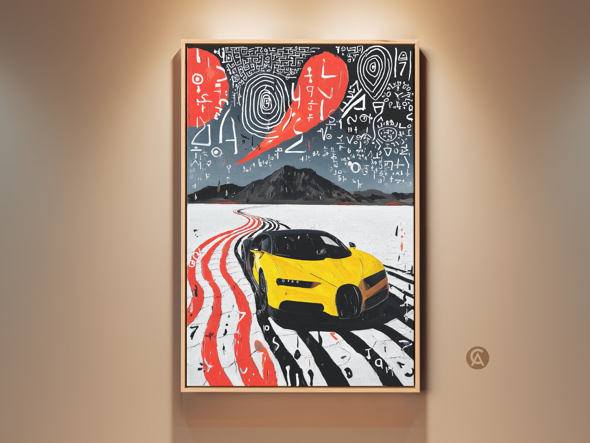 Experience the thrill of this modern yellow sports car art print. Abstract road trip wall decor brings contemporary flair to your office. This unique canvas art is a perfect gift for car enthusiasts. Red and white accents complement the dynamic composition. The art enhances any room with energy and style.