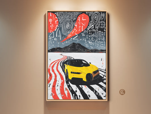 Experience the thrill of this modern yellow sports car art print. Abstract road trip wall decor brings contemporary flair to your office. This unique canvas art is a perfect gift for car enthusiasts. Red and white accents complement the dynamic composition. The art enhances any room with energy and style.