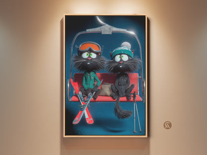 A framed canvas print features two black cats on a ski lift. The cartoon style adds a quirky touch to the winter scene. This eclectic home decor art is perfect for cat and ski lovers. The wall art adds a unique whimsical charm to any room. Ready to hang for easy display.