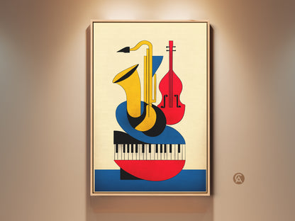 Framed Bauhaus style music art print featuring a saxophone violin and piano. This mid century modern abstract piece has geometric yellow red and blue canvas elements. Perfect for dining room wall decor a housewarming gift or musicians gift idea.