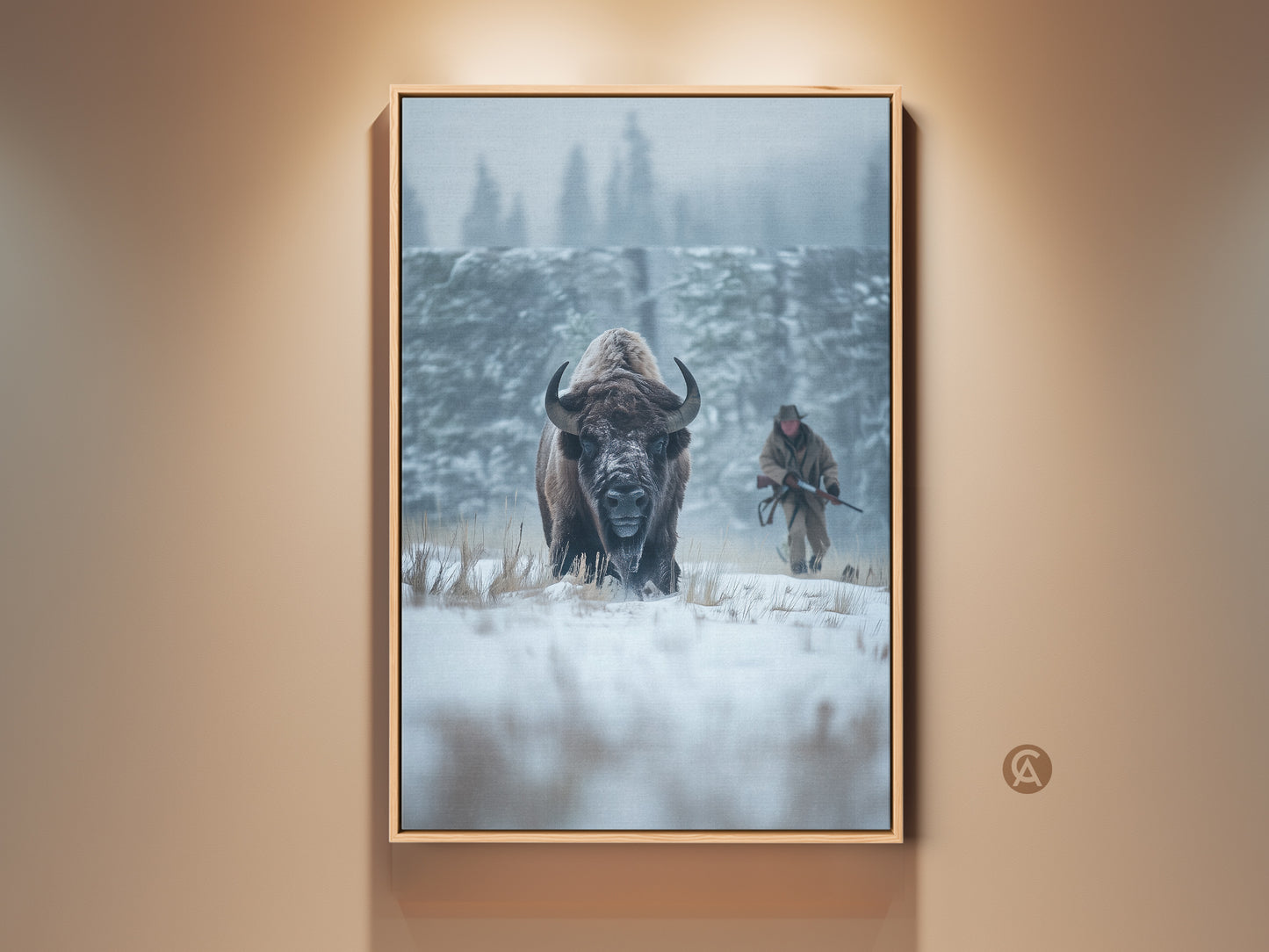 Majestic bison artwork in snowy winter scene. The bison stands tall in the foreground. A hunter with a rifle is visible in the background. This wildlife art piece captures nature's beauty. Bring the outdoors inside with canvas and poster prints.