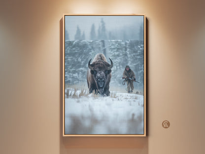 Majestic bison artwork in snowy winter scene. The bison stands tall in the foreground. A hunter with a rifle is visible in the background. This wildlife art piece captures nature's beauty. Bring the outdoors inside with canvas and poster prints.