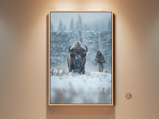 Majestic bison artwork in snowy winter scene. The bison stands tall in the foreground. A hunter with a rifle is visible in the background. This wildlife art piece captures nature's beauty. Bring the outdoors inside with canvas and poster prints.