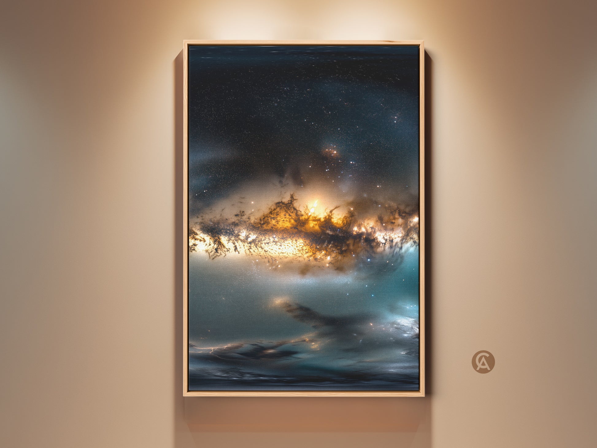 Framed canvas artwork featuring a breathtaking space nebula. This wall art adds cosmic beauty to any room. The floating frame enhances the depth and detail of the space art. Perfect for astronomy lovers seeking unique decor.