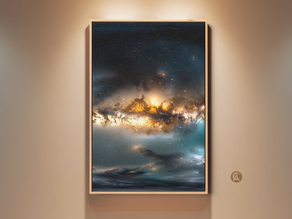 Framed canvas artwork featuring a breathtaking space nebula. This wall art adds cosmic beauty to any room. The floating frame enhances the depth and detail of the space art. Perfect for astronomy lovers seeking unique decor.