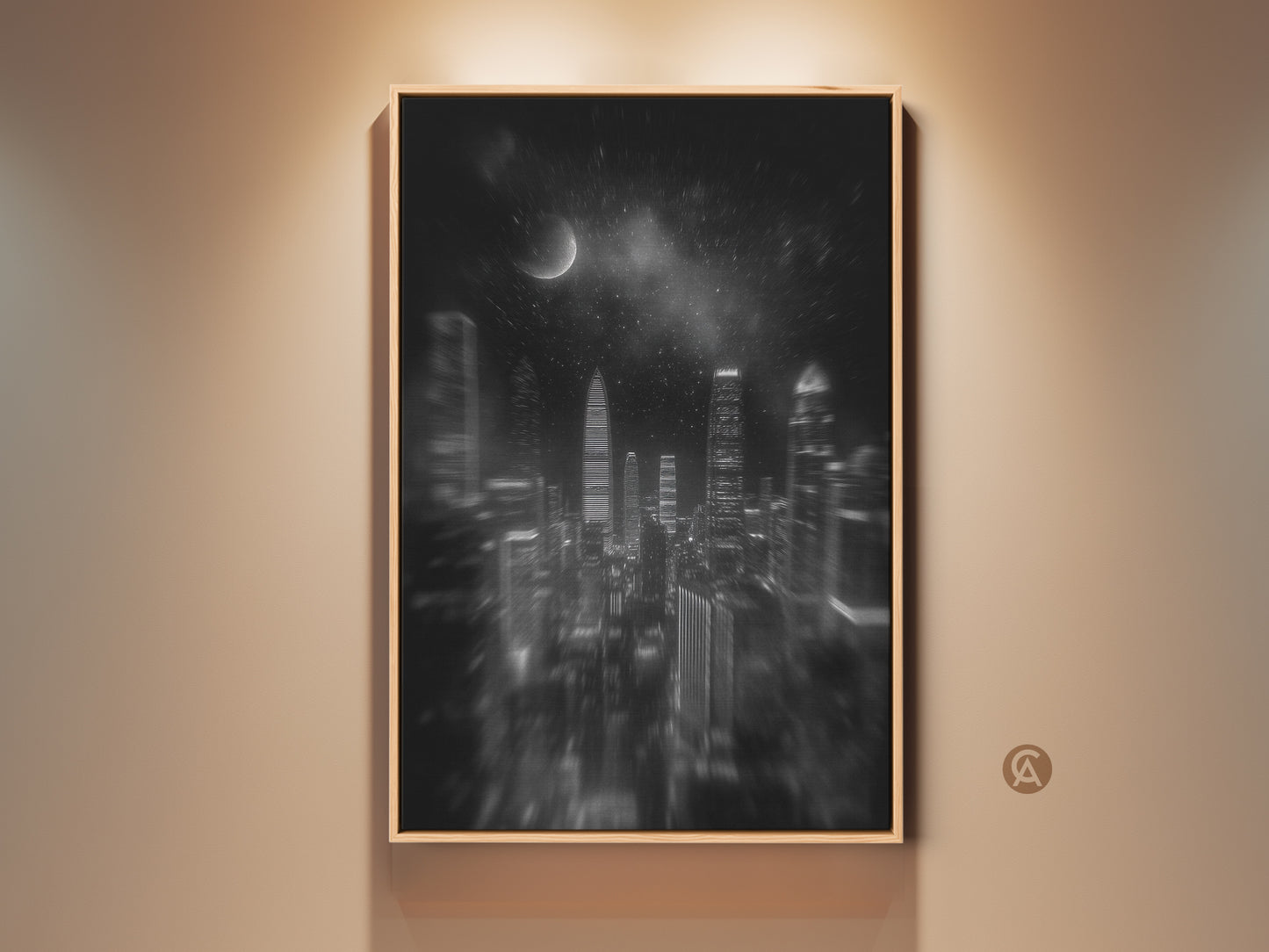Framed monochrome cityscape art. A black and white night sky moon wall hanging is featured. Skyscrapers add a modern touch to any home office decor. Contemporary aesthetic is ready to hang.