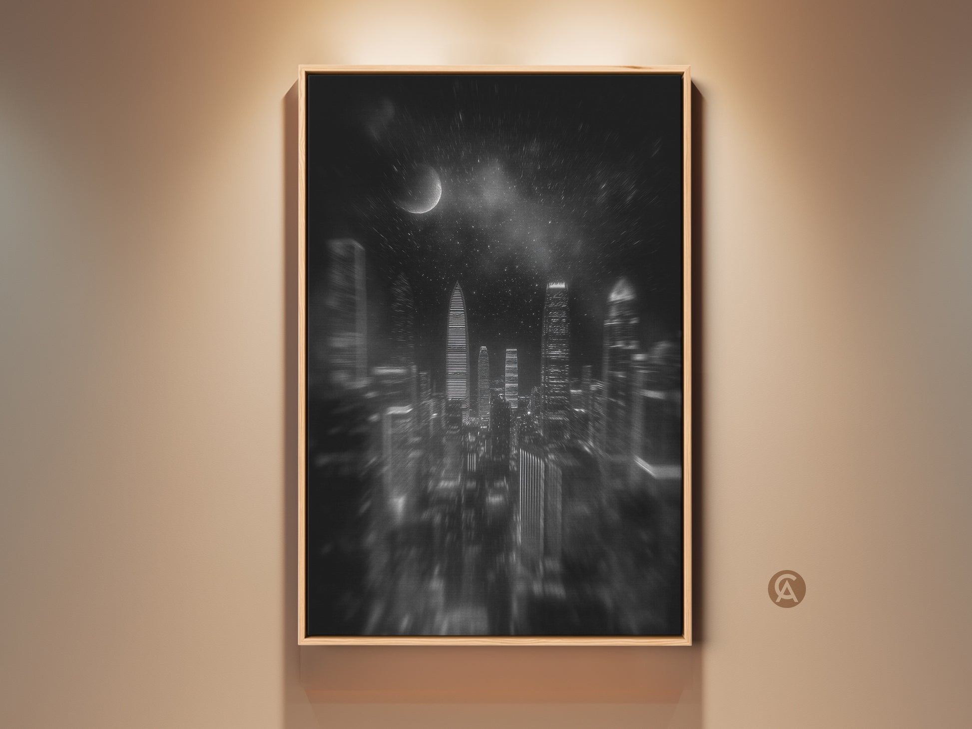 Framed monochrome cityscape art. A black and white night sky moon wall hanging is featured. Skyscrapers add a modern touch to any home office decor. Contemporary aesthetic is ready to hang.
