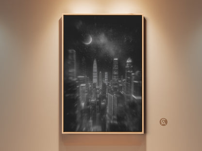 Framed monochrome cityscape art. A black and white night sky moon wall hanging is featured. Skyscrapers add a modern touch to any home office decor. Contemporary aesthetic is ready to hang.