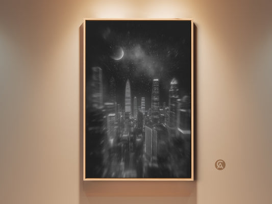 Framed monochrome cityscape art. A black and white night sky moon wall hanging is featured. Skyscrapers add a modern touch to any home office decor. Contemporary aesthetic is ready to hang.