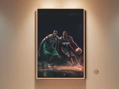 Framed art print showcasing two basketball players in action. One player is wearing a green Celtics jersey. The other player is wearing a red Rytas jersey. A dynamic piece for sports enthusiasts. Perfect for adding energy to any space.