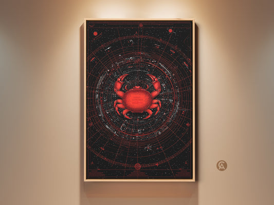Framed view of the Cancer zodiac astrology art. This ornate artwork features a red crab constellation against a black celestial map. This framed zodiac art is perfect for study or office wall decor. A unique gift for astrology enthusiasts. It adds an eclectic touch to any room.
