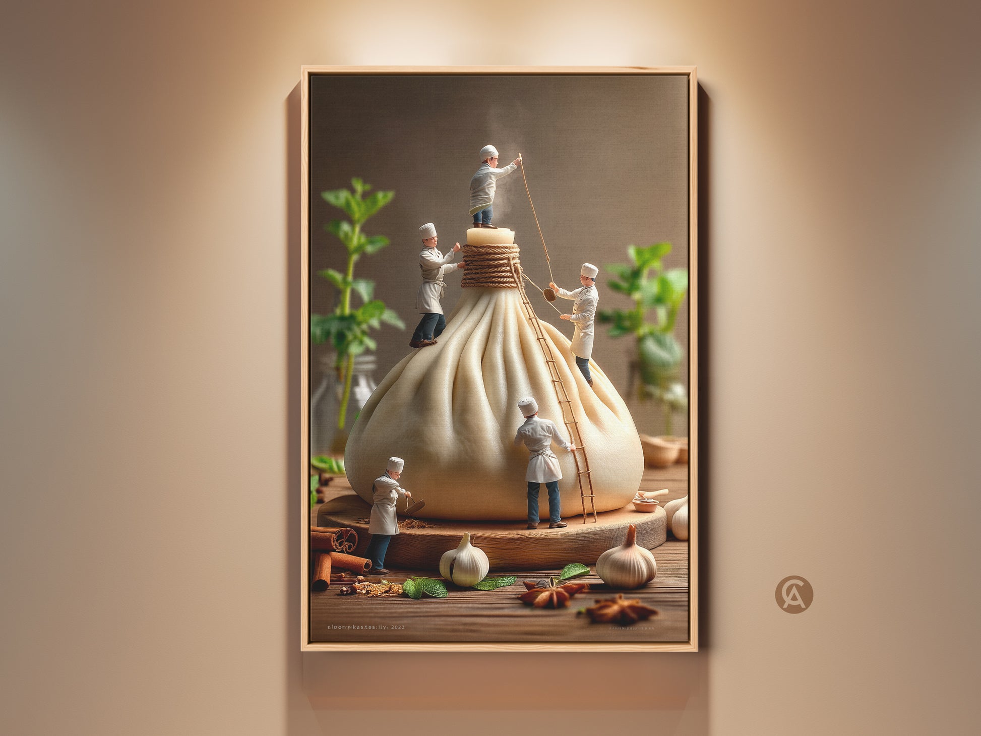 Whimsical kitchen art print featuring miniature chefs preparing a giant dumpling. Culinary artwork on a wooden board with spices adds charm to any kitchen. Perfect for foodies and art lovers looking for unique wall decor.