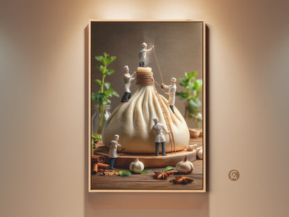 Whimsical kitchen art print featuring miniature chefs preparing a giant dumpling. Culinary artwork on a wooden board with spices adds charm to any kitchen. Perfect for foodies and art lovers looking for unique wall decor.