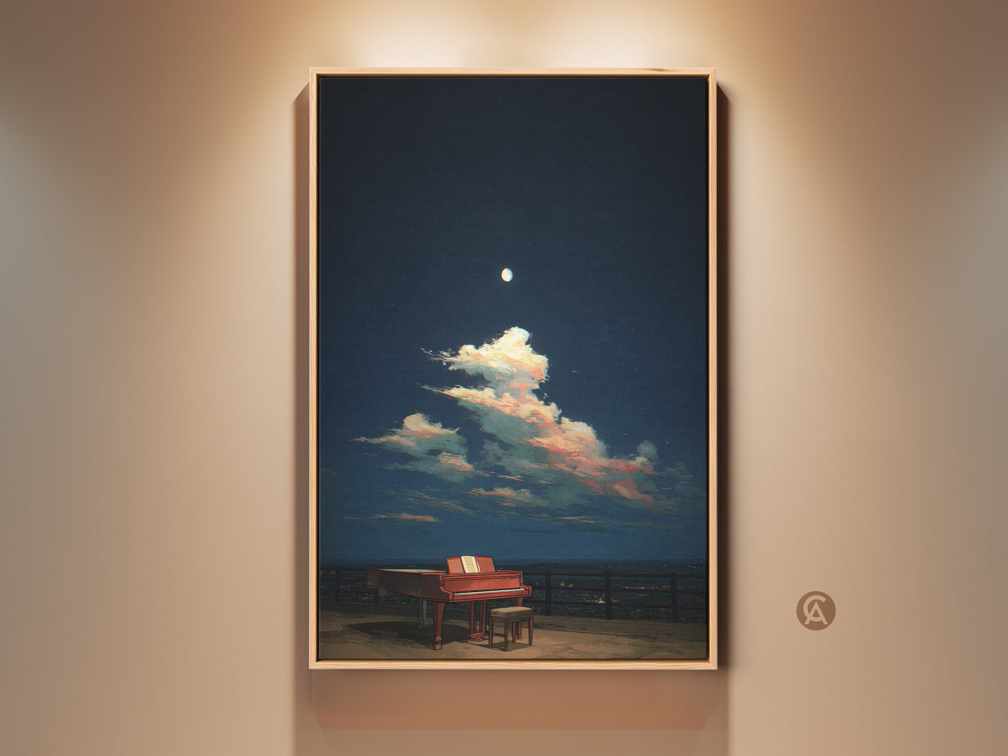This canvas print shows a surreal grand piano under a starry night sky. Pink and blue clouds float above the piano. It's perfect wall art for a music room or eclectic bedroom. This dreamy artwork blends music and nature. A unique gift for music lovers. High-quality canvas ensures lasting beauty.