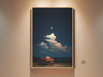 This canvas print shows a surreal grand piano under a starry night sky. Pink and blue clouds float above the piano. It's perfect wall art for a music room or eclectic bedroom. This dreamy artwork blends music and nature. A unique gift for music lovers. High-quality canvas ensures lasting beauty.