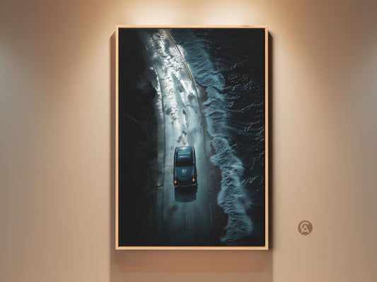 Deep teal vintage car art. This coastal road canvas print shows a silver ocean landscape. The artwork offers modern entryway decor. It makes a great road trip gift. View this automotive theme artwork today